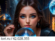И.И. Девушка гадалка. Таинственная чародейка. Колдунья. Ведьма. Ai. The girl is a fortune teller. The mysterious enchantress. Witch. Стоковое AI-изображение, AI-художник Гер Олег / Фотобанк Лори