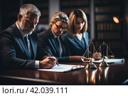 a lawyer and two attorneys signing up terms of agreement on a desk. Стоковое AI-изображение, AI-художник Юлия Гапеенко / Фотобанк Лори