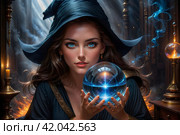 И.И. Девушка гадалка. Таинственная чародейка. Колдунья. Ведьма. Ai. The girl is a fortune teller. The mysterious enchantress. Witch. Стоковое AI-изображение, AI-художник Гер Олег / Фотобанк Лори