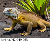 land iguana (Conolophus subcristatus) endemic to Galapagos islands. Lizards (Conolophus) in tropical animal world. Observation of wildlife area. Holiday adventure in Ecuador. Стоковое AI-изображение, AI-художник Aleksandr Golubev / Фотобанк Лори