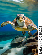 Green sea Turtle (Testudines) mammal swimming in tropical underwaters. Turtles in underwater wild animal world. Observation of wildlife ocean. Scuba diving adventure in Ecuador coast. Copy text space. Стоковое AI-изображение, AI-художник Aleksandr Golubev / Фотобанк Лори