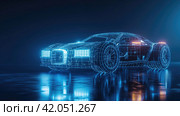 A model of a car assembled from glowing lines. Стоковое AI-изображение, AI-художник Кирилл Черезов / Фотобанк Лори