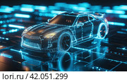 A model of a car assembled from glowing lines. Стоковое AI-изображение, AI-художник Кирилл Черезов / Фотобанк Лори