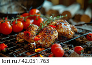 grilled chicken sitting on grill with tomatoes and red peppers. Стоковое AI-изображение, AI-художник Юлия Гапеенко / Фотобанк Лори