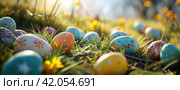 the frontispiece of an easter table with some decorated eggs. Стоковое AI-изображение, AI-художник Юлия Гапеенко / Фотобанк Лори