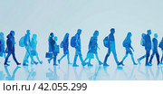 A banner with silhouettes of business people with a double exposure hurrying from left to right on business against a homogeneous background is a concept of the business world. Стоковое AI-изображение, AI-художник Ярославский Максим / Фотобанк Лори