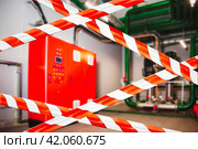 Unsafe industrial area from warning red white lines barrier. Production shutdown concept, no open. Barrier cross types on closed industry room indoors, danger zone, do not enter. Copy ad text space. Стоковая иллюстрация, иллюстратор Aleksandr Golubev / Фотобанк Лори