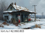 Winter gas station, gray tones, snowy landscap. ,Generative AI. Стоковое AI-изображение, AI-художник Анна Кривицкая / Фотобанк Лори