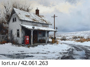 Winter gas station, gray tones, snowy landscap. ,Generative AI. Стоковое AI-изображение, AI-художник Анна Кривицкая / Фотобанк Лори