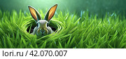Rabbit peering out from a circular opening in lush green grass. Hare with large ears nestled in a natural hideout. Стоковое AI-изображение, AI-художник Igor Tichonow / Фотобанк Лори