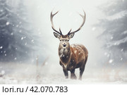 a stag in the snow with a large horn. Стоковое AI-изображение, AI-художник Юлия Гапеенко / Фотобанк Лори