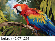 macaw in the wild garden, bold chromaticity. Стоковое AI-изображение, AI-художник Юлия Гапеенко / Фотобанк Лори