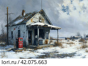 Winter gas station, gray tones, snowy landscap. ,Generative AI. Стоковое AI-изображение, AI-художник Анна Кривицкая / Фотобанк Лори
