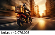 A courier on a moped with a cargo box is rushing to deliver goods to recipients on a city street in the early morning. Rear view. Стоковое AI-изображение, AI-художник Ярославский Максим / Фотобанк Лори
