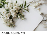 white paper template and pictures of white apsara flowers on a white table. Стоковое AI-изображение, AI-художник Юлия Гапеенко / Фотобанк Лори
