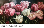 oil painting on canvas, tulips bouquet of pink and white tulips. Стоковое AI-изображение, AI-художник Юлия Гапеенко / Фотобанк Лори