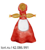 Watercolor drawing traditional straw effigy in Slavic costume for Russian holiday Maslenitsa. Beautiful doll illustration isolated on white background for postcards and banner design. Стоковая иллюстрация, иллюстратор Татьяна Трущелева / Фотобанк Лори