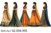 A set of six women in different colored saris, AI. Стоковое AI-изображение, AI-художник Сергей Старуш / Фотобанк Лори