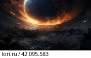 A banner with a cosmic landscape with a meteor shower and a large planet. Стоковое AI-изображение, AI-художник Ярославский Максим / Фотобанк Лори