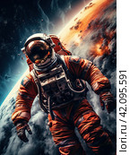 An astronaut in outer space in a spacesuit in front of a fiery planet. Стоковое AI-изображение, AI-художник Ярославский Максим / Фотобанк Лори