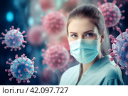 Woman wearing an anti virus protection mask to prevent others from corona COVID-19 and SARS cov 2 infection. Стоковое AI-изображение, AI-художник Ирина Старикова / Фотобанк Лори