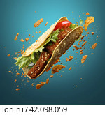 Close-up of Beef Fajitas Tacos with flying ingredients. Freeze motion. Стоковое AI-изображение, AI-художник Ирина Старикова / Фотобанк Лори