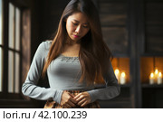 Flatulence ulcer, asian young woman, girl hands in belly, stomach pain from food poisoning, abdominal pain and digestive problem, gastritis or diarrhoea. Abdomen inflammation, menstrual period people. Стоковое AI-изображение, AI-художник Ирина Михайличенко / Фотобанк Лори