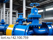 Water sprinkler pipes and pressure control industrial system. Closing valve on water pump station is pipeline with tanks in an technical room for supply of high-pressure aqua. Copy text space. Стоковое AI-изображение, AI-художник Aleksandr Golubev / Фотобанк Лори