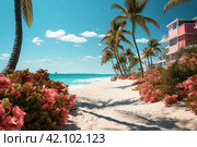 Miami South Beach Ocean Drive palms and beachfront colorful view. Стоковое AI-изображение, AI-художник Ирина Михайличенко / Фотобанк Лори