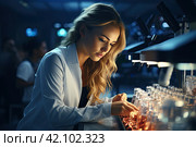 Chemical laboratory scene: attractive young PhD student scientist observing the blue indicator color shift in the glass tube. Стоковое AI-изображение, AI-художник Ирина Михайличенко / Фотобанк Лори