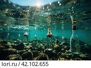 Problematic plastic bottles and microplastics floating in the open ocean. Marine plastic pollution concept. Стоковое AI-изображение, AI-художник Ирина Михайличенко / Фотобанк Лори