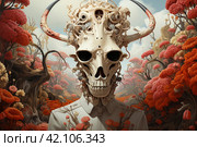 White demon with horns and red flowers around,Generative AI. Стоковое AI-изображение, AI-художник Анна Кривицкая / Фотобанк Лори