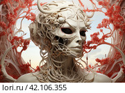 White demon with horns and red flowers around,Generative AI. Стоковое AI-изображение, AI-художник Анна Кривицкая / Фотобанк Лори