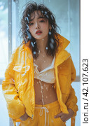 lu fei kang wearing a yellow jacket & shorts. Стоковое AI-изображение, AI-художник Юлия Гапеенко / Фотобанк Лори