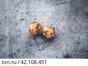 Stylish Peach Fuzz Easter eggs with a coating of golden sweat on a gray background. The concept of happy Easter 2024. Стоковое фото, фотограф Photojuli / Фотобанк Лори