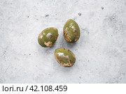 Stylish olive-colored Easter eggs with a coating of golden sweat on a gray background. The concept of happy Easter 2024. Стоковое фото, фотограф Photojuli / Фотобанк Лори
