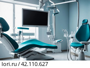 Close-up dental equipment in dentistry room in new modern stomatological clinic office. Background of interior dental accessories used by dentists in blue, medic color. Copy space, text place. Стоковое AI-изображение, AI-художник Aleksandr Golubev / Фотобанк Лори