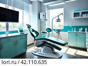 Close-up dental equipment in dentistry room in new modern stomatological clinic office. Background of interior dental accessories used by dentists in blue color. Copy space, text place. Стоковое AI-изображение, AI-художник Aleksandr Golubev / Фотобанк Лори