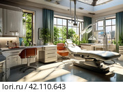 Dental equipment in dentistry room in new modern stomatological clinic office. Background of dental chair and accessories used by dentists in blue color. Copy space, text place. Стоковое AI-изображение, AI-художник Aleksandr Golubev / Фотобанк Лори
