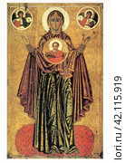 Богоматерь Великая Панагия (Оранта). Икона, около XII - начало XIII века, из Спасского монастыря в Ярославле. Стоковое фото, фотограф Сергей Елизарьев / Фотобанк Лори