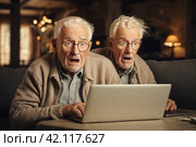 Surprised elderly pensioners looking at laptop screen while sitting in cafe. Стоковое AI-изображение, AI-художник Васильева Юлия / Фотобанк Лори