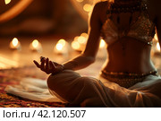 Tantra yoga secrets, woman meditation,Generative AI. Стоковое AI-изображение, AI-художник Анна Кривицкая / Фотобанк Лори