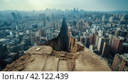 A fault in the earth's crust in the middle of a large city with skyscrapers. Стоковое AI-изображение, AI-художник Кирилл Черезов / Фотобанк Лори