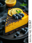 A large piece of lemon pudding on a dark plate strewn with ripe blueberries with slices of ripe lemon. Стоковое AI-изображение, AI-художник Ярославский Максим / Фотобанк Лори