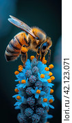 Macro illustration of a honey bee collecting nectar from a blue flower. The beauty of nature. Стоковое AI-изображение, AI-художник Ярославский Максим / Фотобанк Лори