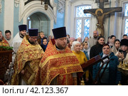 Настоятель иерей Михаил Сергеевич Кузёмка произносит речь в Николо-Архангельском храме Балашихи (2024 год). Редакционное фото, фотограф Дмитрий Неумоин / Фотобанк Лори
