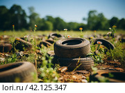 Old rusty tires are dumped among the grass. ,Generative AI. Стоковое AI-изображение, AI-художник Анна Кривицкая / Фотобанк Лори
