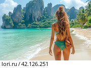 Traveler woman on vacation beach enjoy nature panorama view scenic landscape island Krabi. Attraction famous popular place tourist travel Phuket Thailand summer holiday trips, destination Asia. Стоковое AI-изображение, AI-художник Ирина Михайличенко / Фотобанк Лори