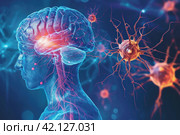 Illustration of the human brain and neuronal cells. Стоковое AI-изображение, AI-художник Юрий Поздников / Фотобанк Лори