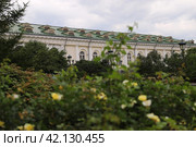 The blurred garden with white roses in front and beautiful architecture building on the background. Стоковое фото, фотограф Darja Belikova / Фотобанк Лори